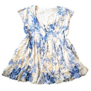 Free People Sully Mini Dress Womens M/L* Blue Floral Cotton Oversized Boho Flowy